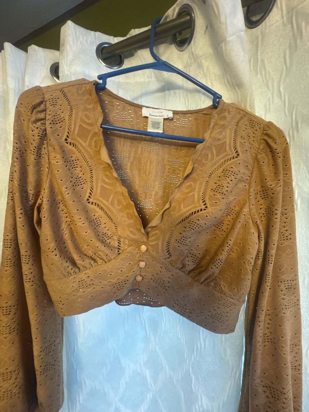 Urban Romantics Long Sleeve Lace Eyelet V-Neck Crop Top